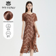 咖色绣花蕾丝连衣裙子收腰礼裙长裙短袖 马天奴春秋新款 女装 开衩裙