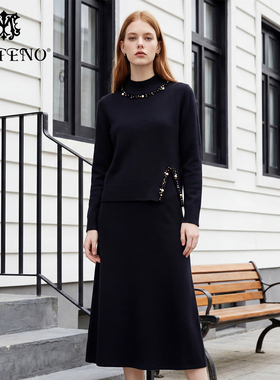 马天奴2026春夏新款黑色高领钉珠针织马甲长袖连衣裙子两件套装女