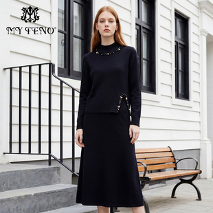 马天奴2026春夏新款黑色高领钉珠针织马甲长袖连衣裙子两件套装女