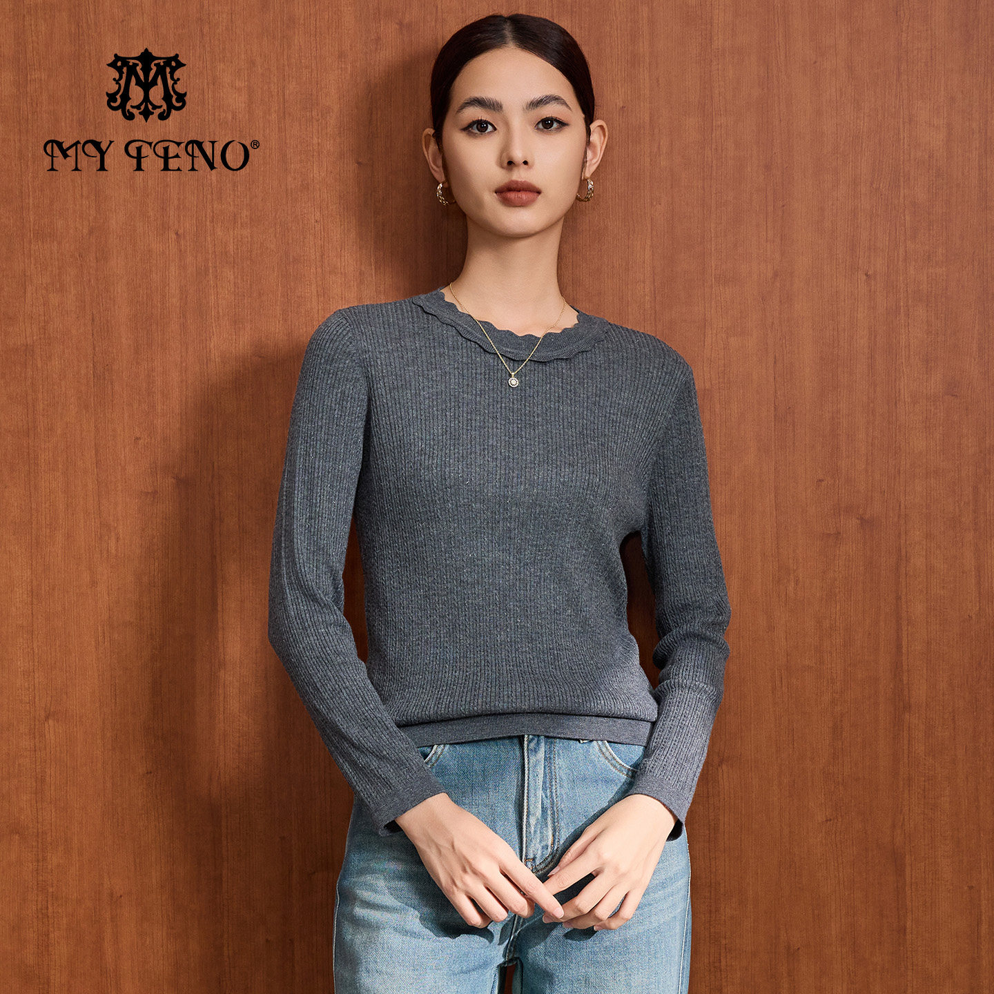 马天奴秋冬女装灰色花边圆领修身针织长袖打底毛衫气质百搭含羊毛