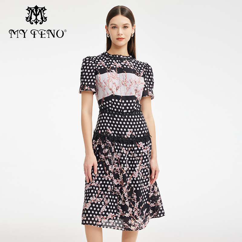 马天奴黑色波点印花连衣裙