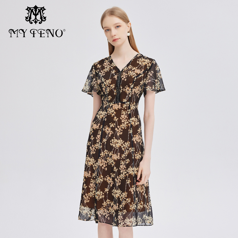 马天奴V领印花雪纺连衣裙