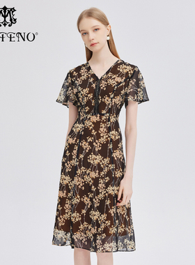 专柜正品马天奴女装春夏新款V领印花雪纺连衣裙子时尚MRS441DRX0