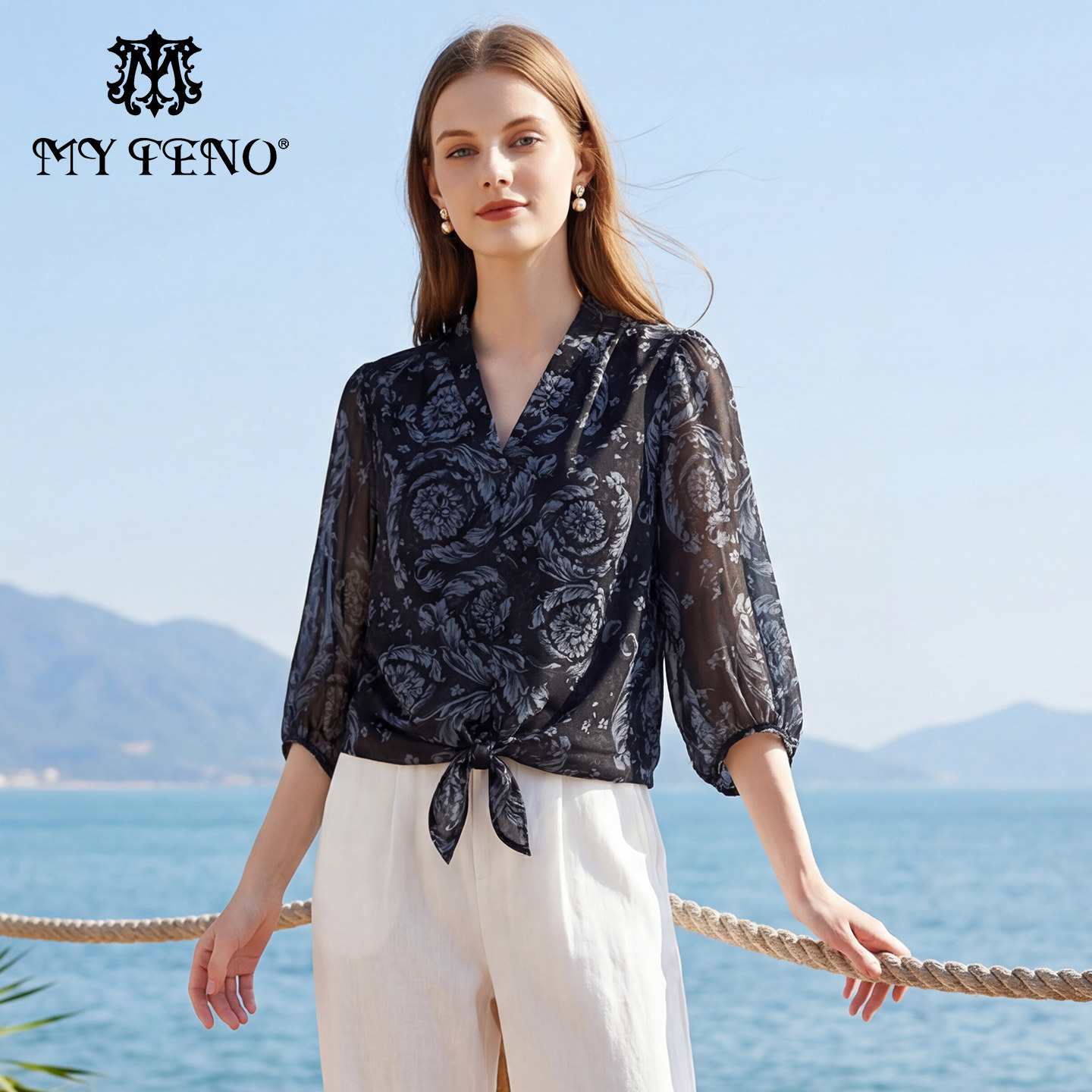 马天奴2026春夏新款翻领印花上衣小衫衬衫绑带气质时尚百搭流行女