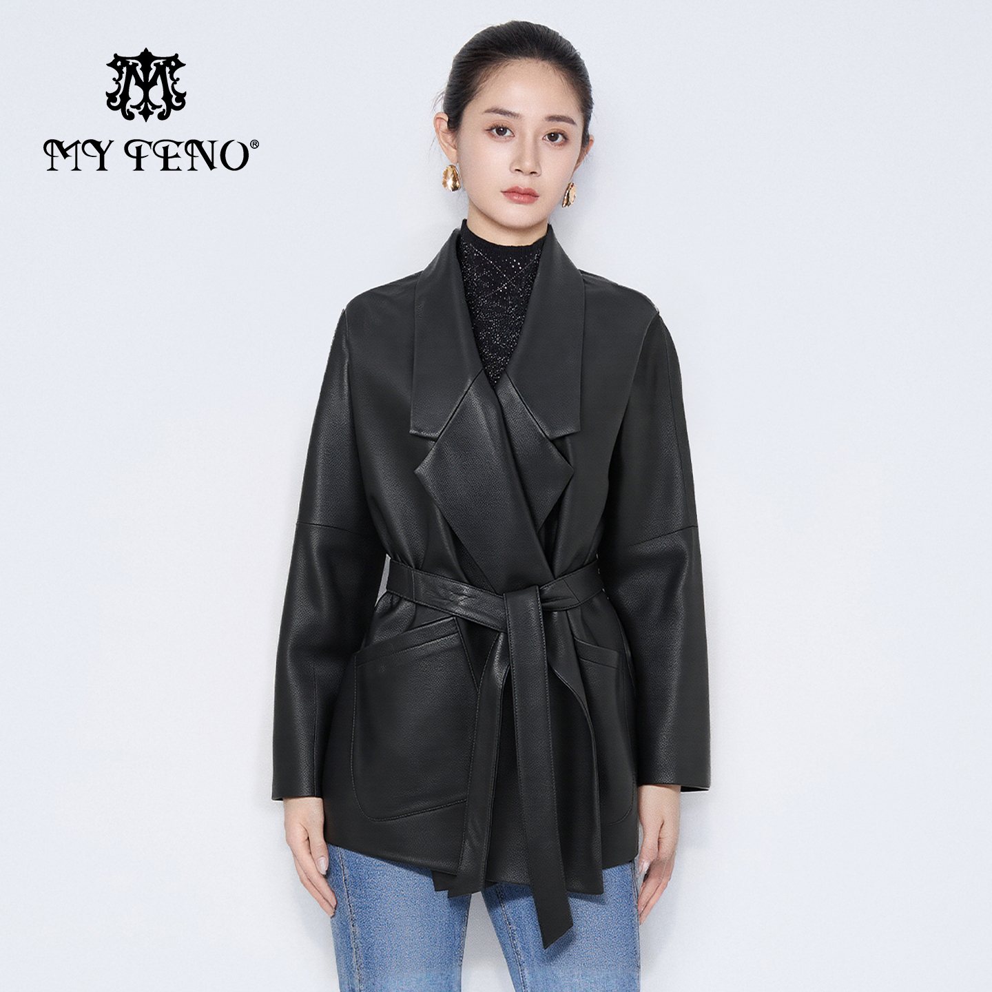 马天奴黑色翻领收腰羊皮衣外套