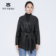 马天奴2025秋冬新款 黑色翻领绵羊皮衣外套收腰带显瘦潮酷时尚 流行