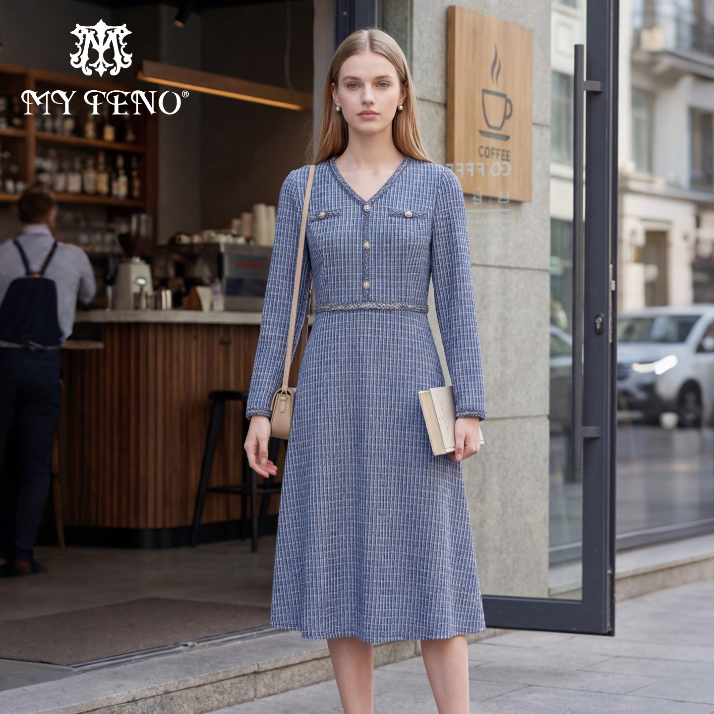 马天奴2025秋冬新款浅灰色V领格纹肌理连衣裙子收腰长袖气质时尚,女装/女士精品,连衣裙,淘宝优惠券,粉丝福利购,淘宝优惠卷