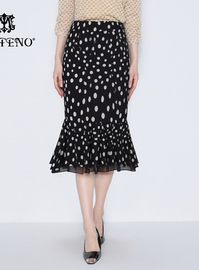 马天奴2025春夏新款黑色波点印花半身裙半裙子鱼尾裙修身显瘦法式