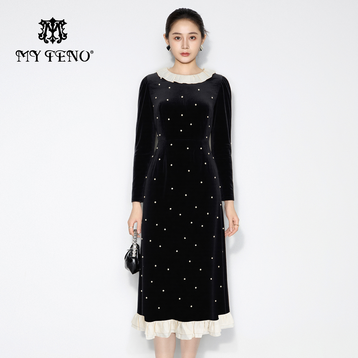 马天奴黑色荷叶边丝绒连衣裙