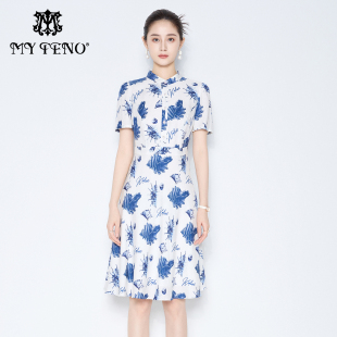 气质时尚 专柜正品 白色印花连衣裙子收腰短袖 新款 女 马天奴2025夏季
