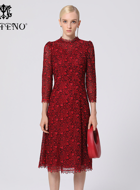 专柜正品马天奴女秋冬红色刺绣蕾丝连衣裙子时尚MRS213DRX0