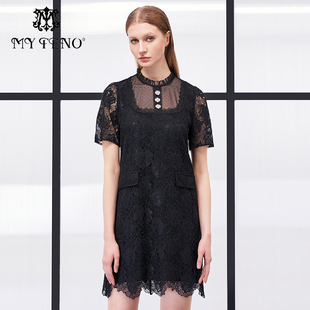百搭约会短裙短袖 女黑色蕾丝绣花连衣裙子修身 气质 新款 马天奴夏季