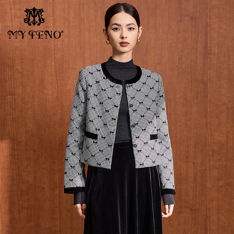 马天奴女装春秋新款黑色格纹短款外套长袖气质圆领高级感外搭时尚,女装/女士精品,短外套,淘宝优惠券,粉丝福利购,淘宝优惠卷