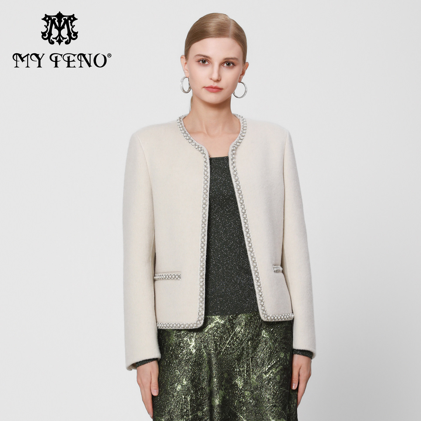 专柜正品马天奴2025秋冬新款白色绵羊毛混纺小香风钉珠无领外套女,女装/女士精品,毛呢外套,淘宝优惠券,粉丝福利购,淘宝优惠卷