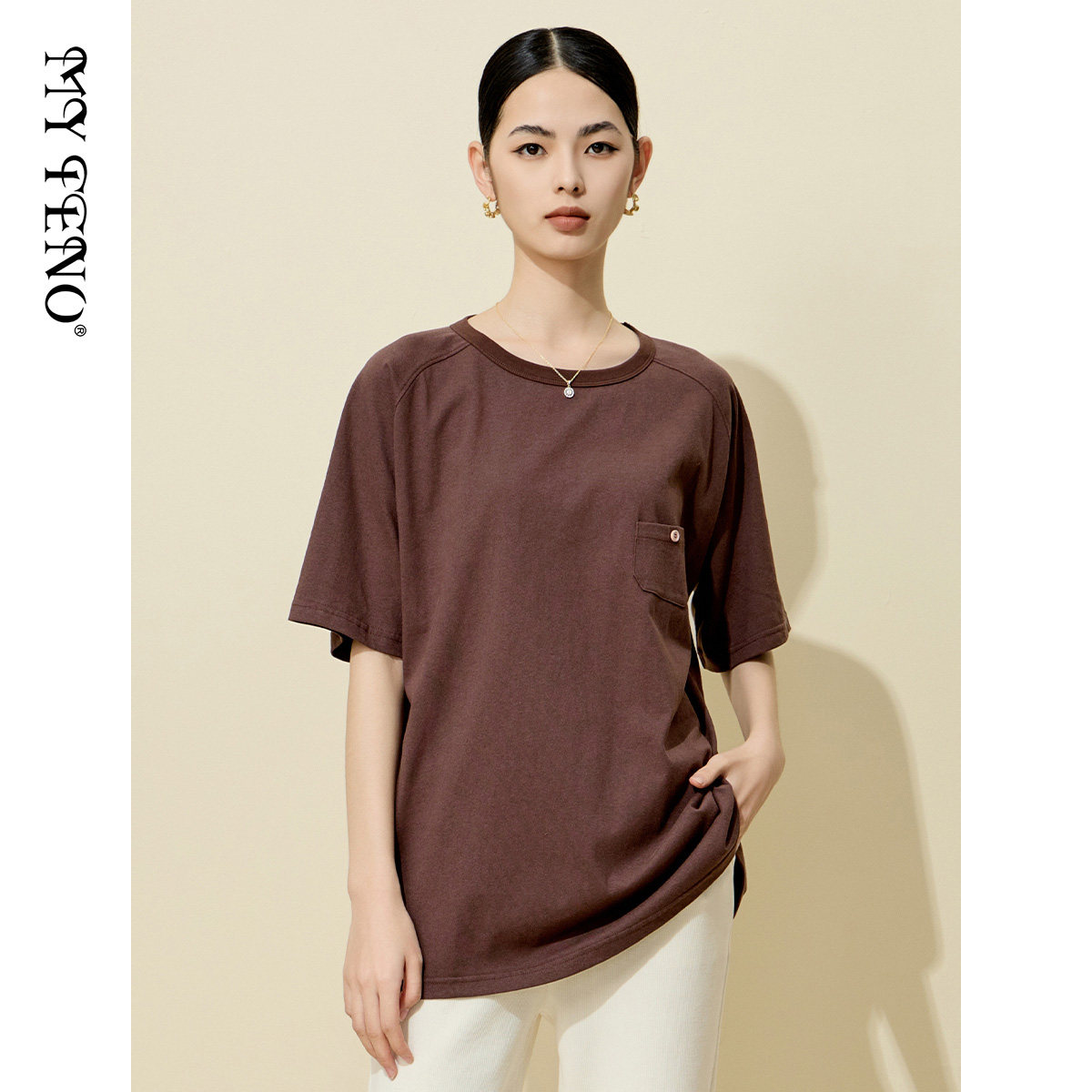 马天奴春夏新款女咖色圆领插肩袖T恤宽松短袖上衣休闲时尚百搭