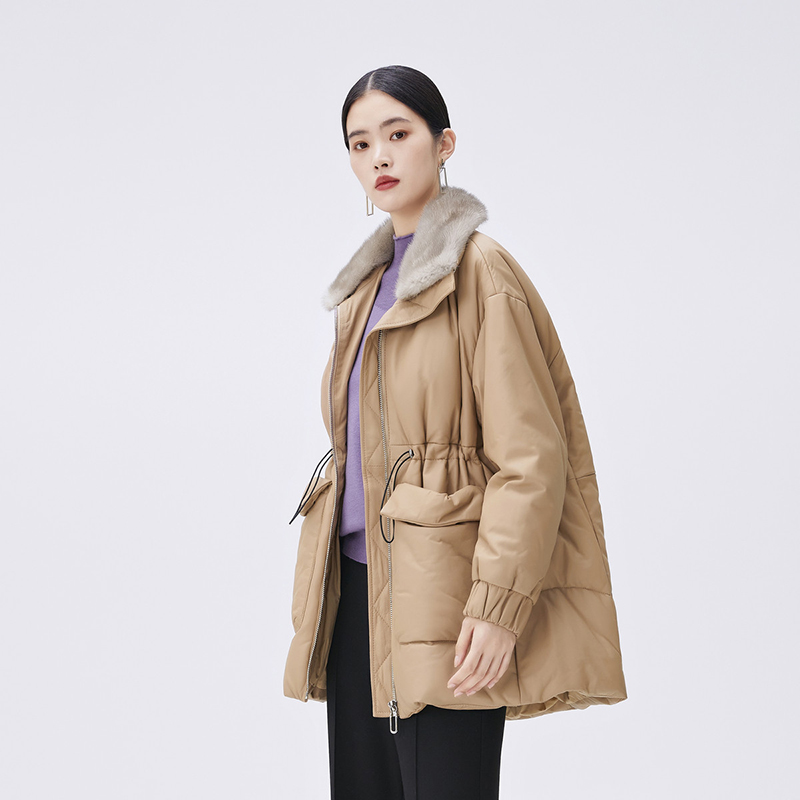 【绵羊皮】秋冬新款卡其色水貂毛领羽绒服外套收腰保暖气质时尚女