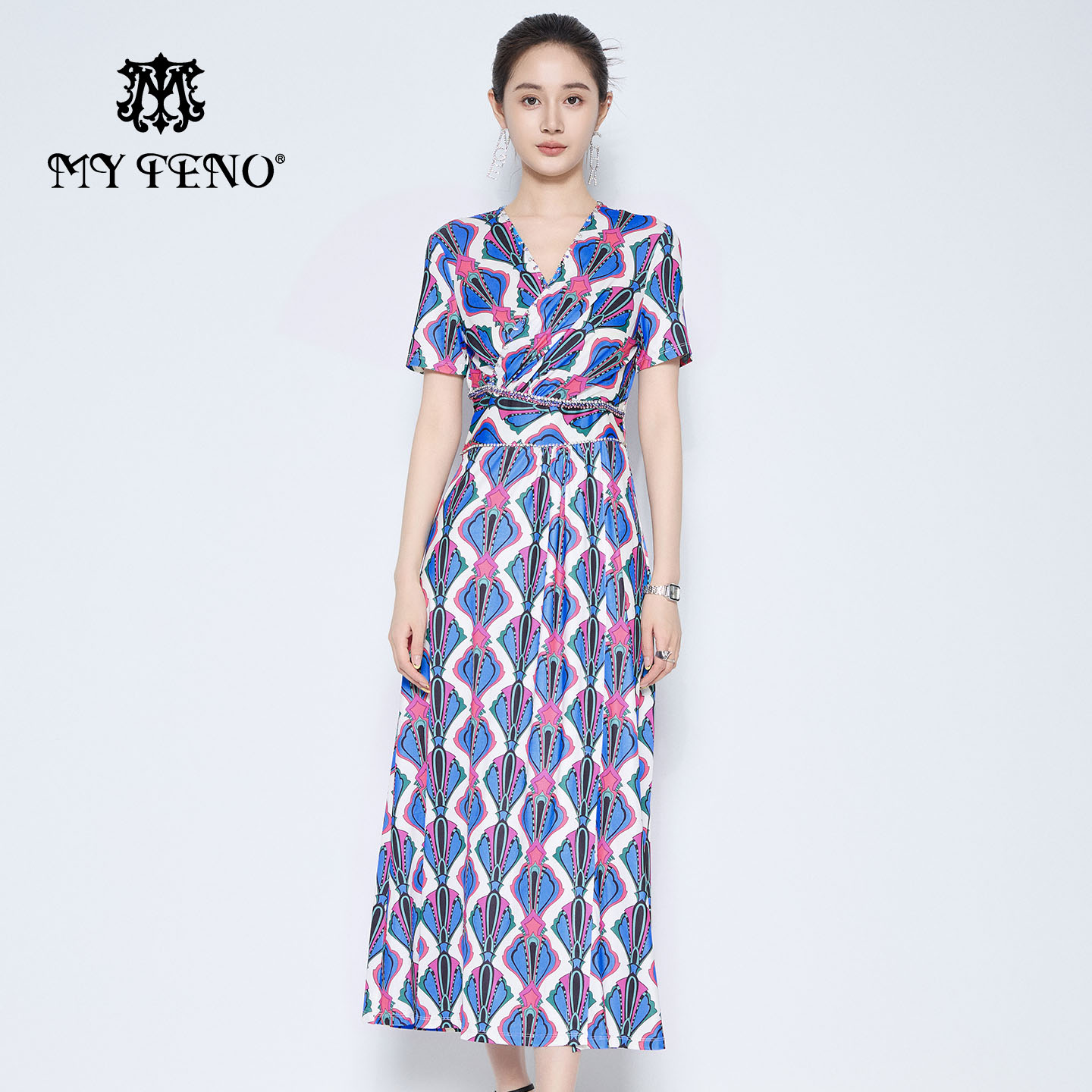 马天奴蓝色印花短袖连衣裙