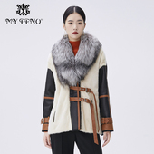 马天奴秋冬米色狐狸毛领皮草大衣外套拼接保暖轻奢时尚 气质流行女