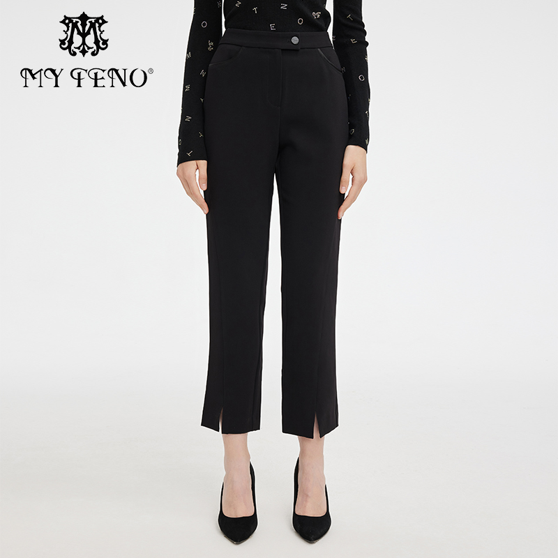 马天奴黑色修身开衩喇叭裤