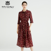 领连衣裙子长裙收腰五分袖 马天奴夏季 印花衬衫 女装 A字裙排扣 新款