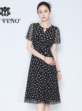马天奴2025春夏新款黑色波点印花连衣裙子法式收腰荷叶袖气质女