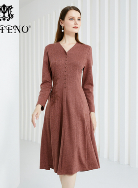 马天奴女装早秋红色V领针织连衣裙子收腰A摆气质礼服洋气长袖长裙