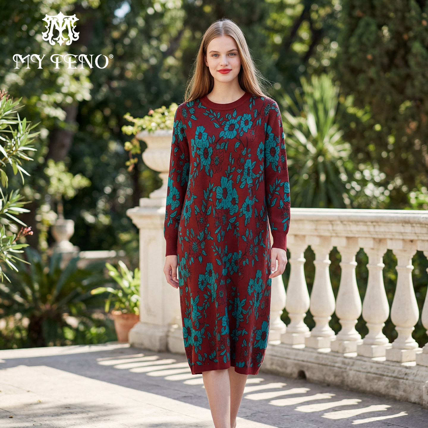 马天奴2025秋冬新款撞色提花针织连衣裙子圆领宽松长袖慵懒气质女