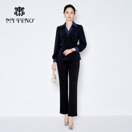 马天奴灰蓝拼接外套休闲裤套装