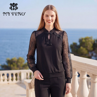 马天奴2025秋冬新款黑色立领盘扣拼接蕾丝袖上衣新中式小衫气质女