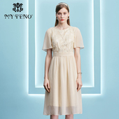 马天奴女春秋米色蕾丝拼接连衣裙雪纺长裙短袖 收腰裙子时尚 流行