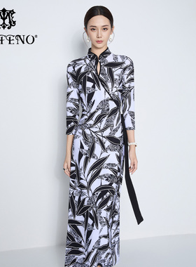 马天奴2025春夏新款黑色印花连衣裙子新中式旗袍立领镂空气质时尚