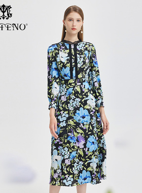 马天春夏蓝色印花法式连衣裙长袖收腰洋气长裙时尚女装裙子