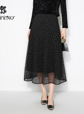马天奴2025夏季新款黑色波点印花蕾丝半身裙半裙子长裙法式气质女