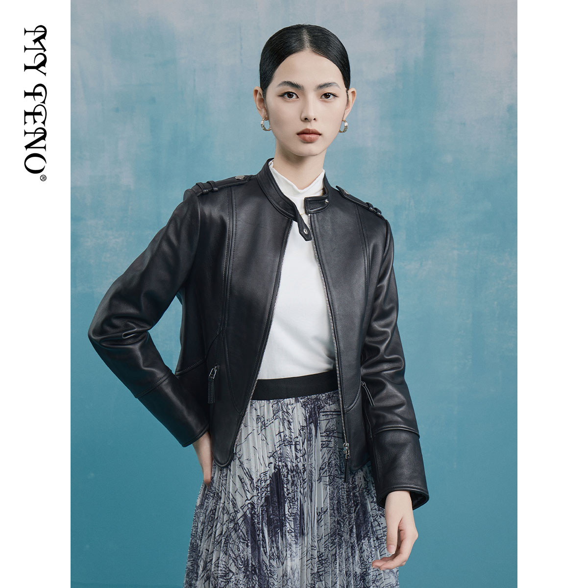 马天奴黑色立领短款皮衣