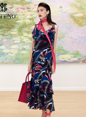 专柜正品女马天奴印花吊带V领收腰连衣裙子夏季MRS828DRX0