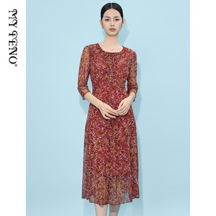 马天奴女装春秋款红色印花网纱系带连衣裙子收腰田园法式气质长裙