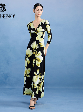 马天奴女装夏季新款黑色印花V领连衣裙修身洋气长裙高级气质裙子