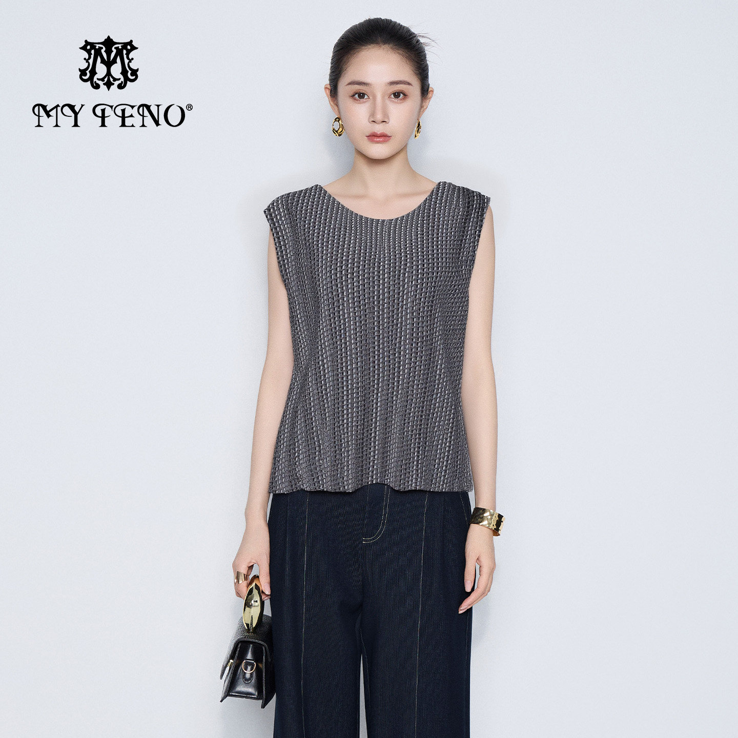 马天奴春夏新款黑白格纹圆领无袖T恤上衣宽松休闲时尚气质流行女