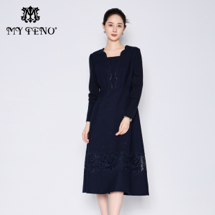 专柜正品 秋冬秋冬藏蓝色绣花连衣裙收腰长裙MRA739DRX0 马天奴女装