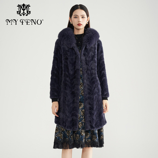 款 马天奴冬季 宝蓝色毛领连帽皮草保暖加厚外套时尚 水貂毛