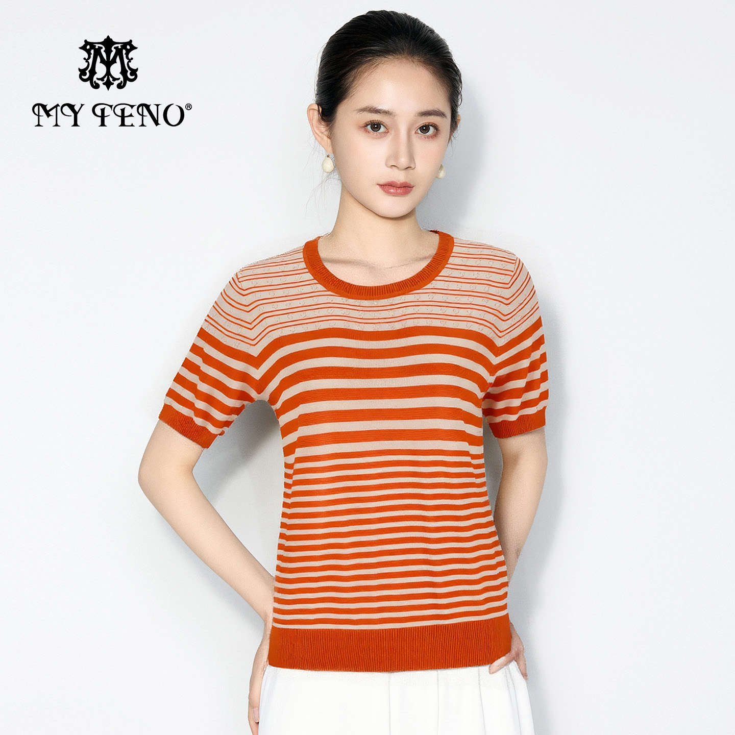 马天奴撞色条纹短袖圆领针织衫