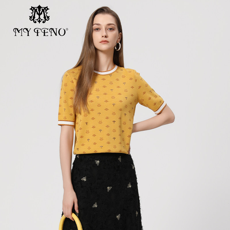 马天奴黄色提花烫钻短袖针织衫