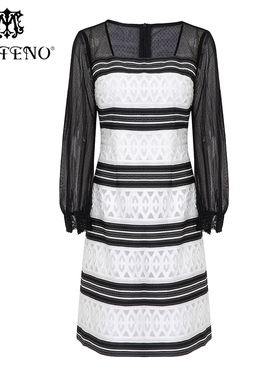 马天奴秋冬黑白方领连衣裙子肌理网纱拼接长裙时尚MCAT35DR0