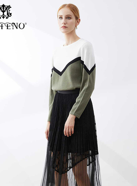 马天奴女秋冬新款简约墨绿色拼色圆领针织衫长袖上衣气质时尚百搭