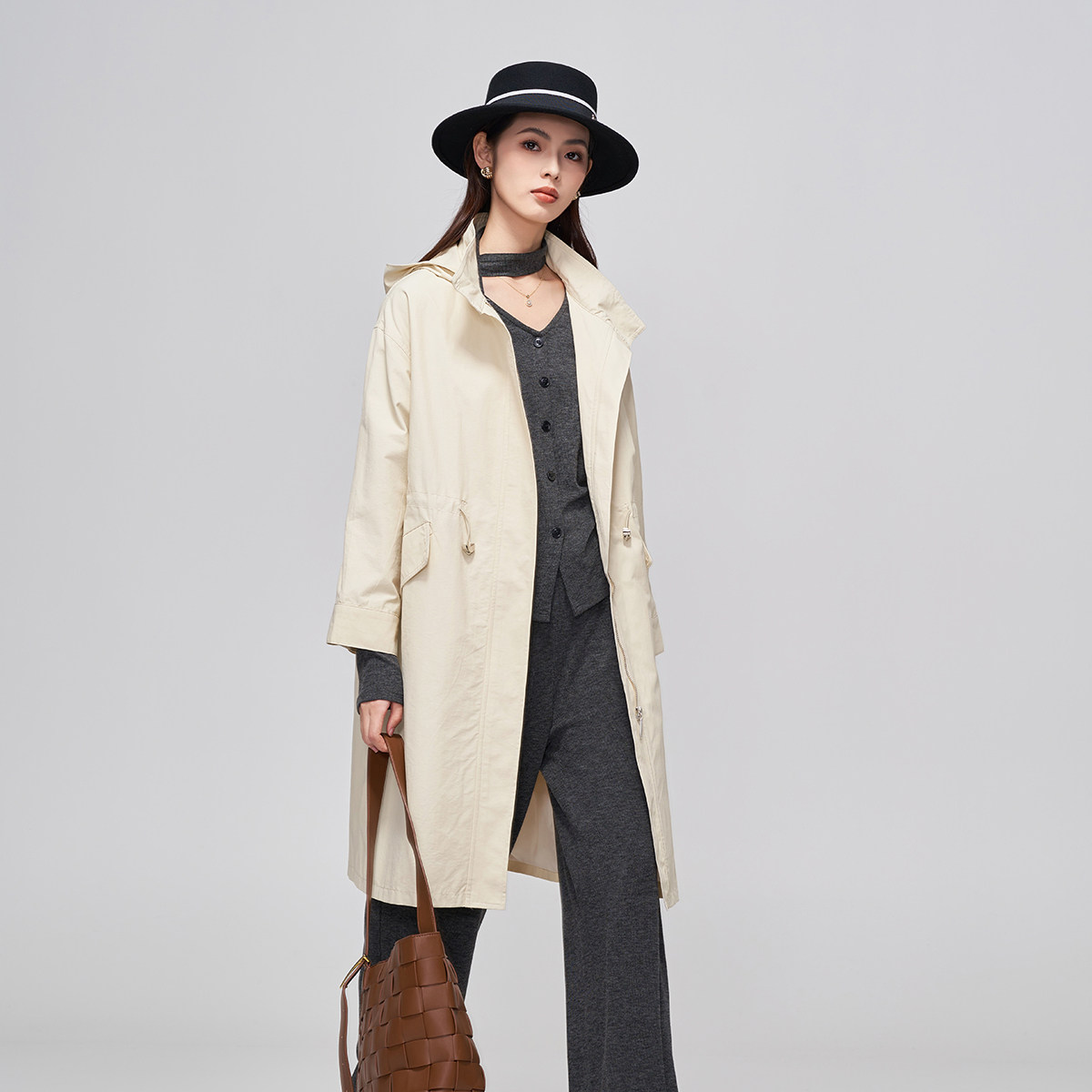 马天奴秋冬新款女杏色棉质连帽风衣外套中长时尚百搭气质流行通勤,女装/女士精品,风衣,淘宝优惠券,粉丝福利购,淘宝优惠卷