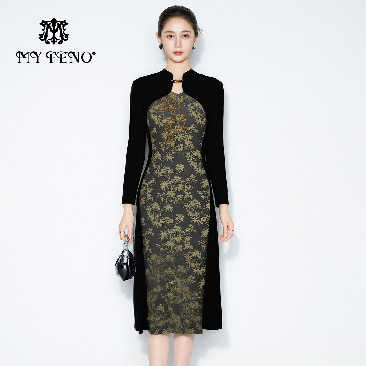 马天奴黑色提花拼接长袖旗袍裙