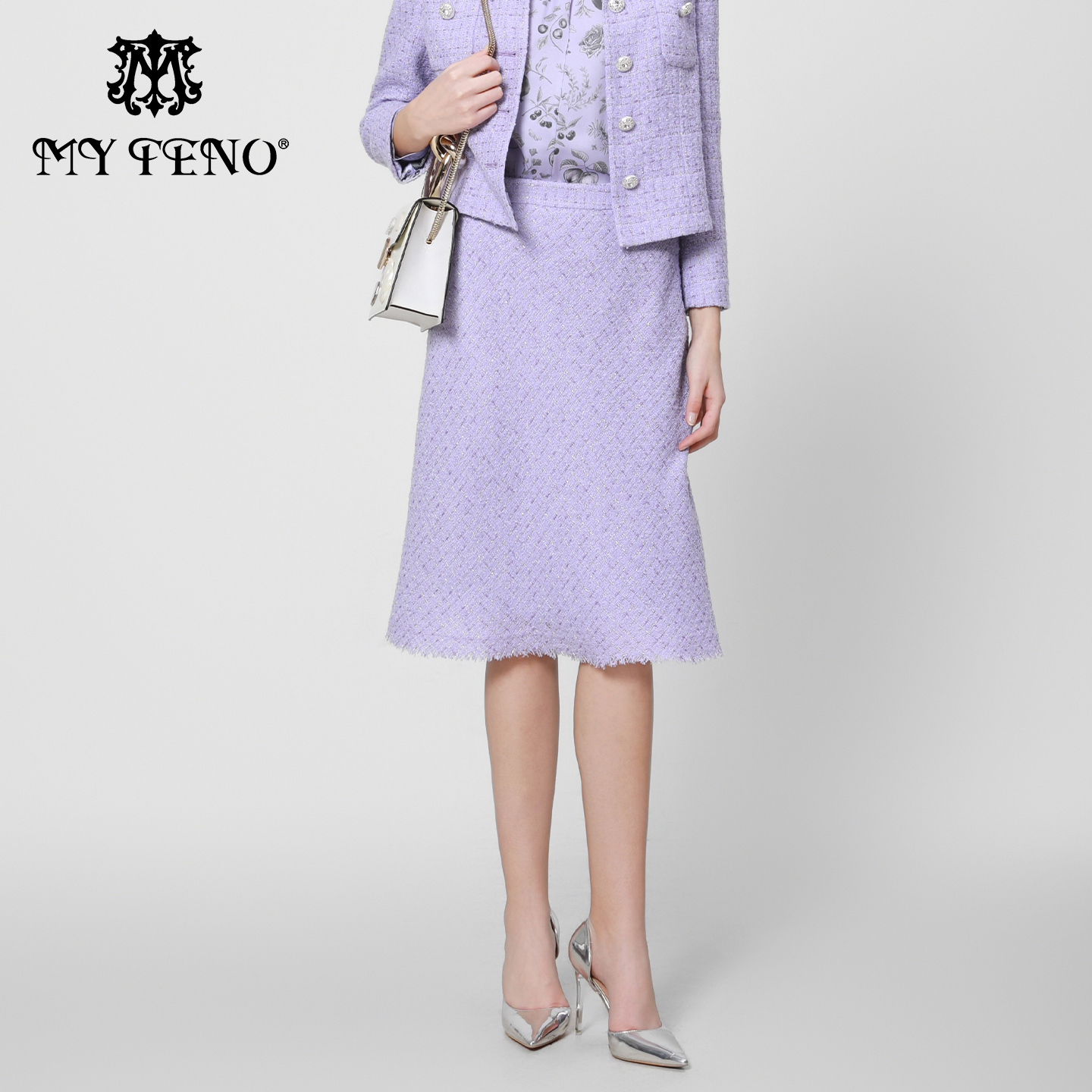 马天奴紫色闪葱花纱A摆半身裙