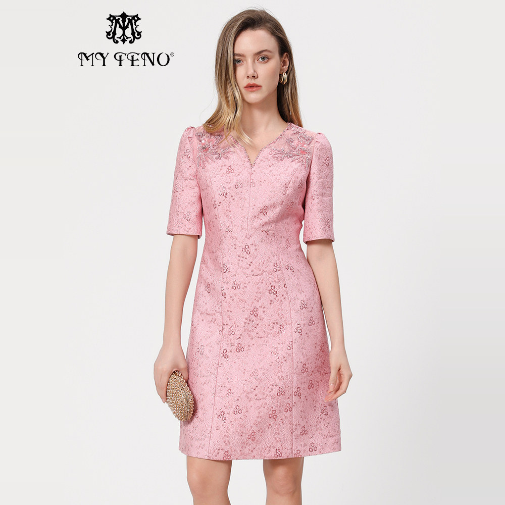 马天奴粉色提花钉珠绣花连衣裙