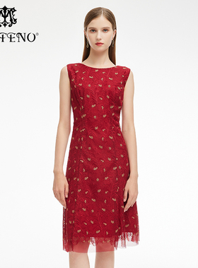 专柜正品马天奴秋冬红色蕾丝无袖连衣裙配披肩时尚MRA249DRX0