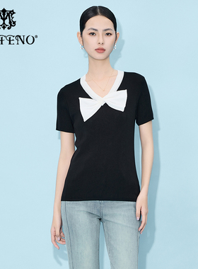 马天奴2025春夏新款黑色莱赛尔针织衫V领蝴蝶结短袖上衣女装时尚